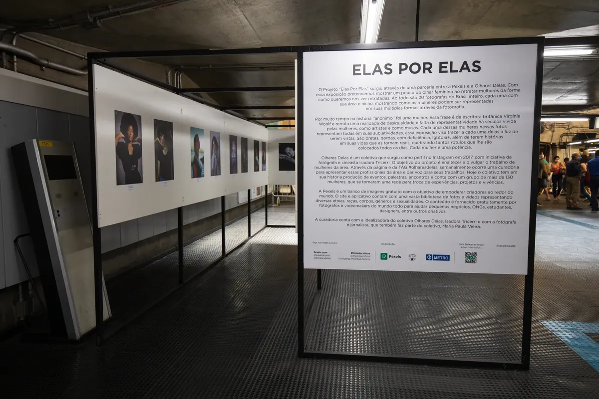 Interior view of a contemporary photography exhibition with descriptive text panel and portraits.