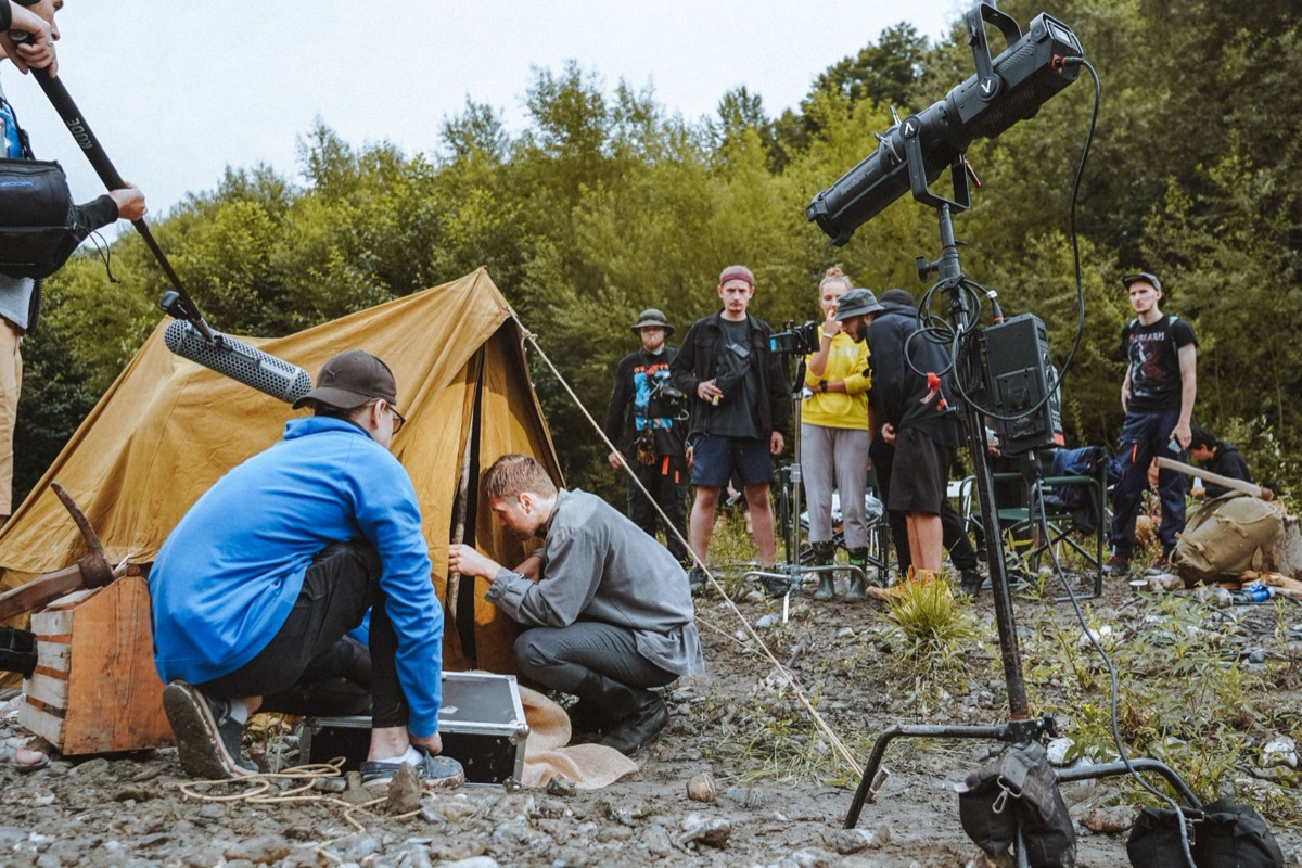 Movie set with crew and equipment