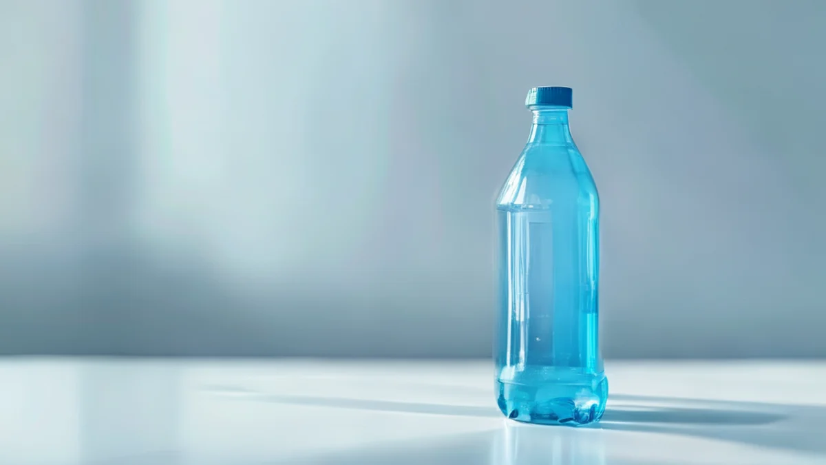 Una botella de plástico transparente con tapón, mostrando su forma y color.