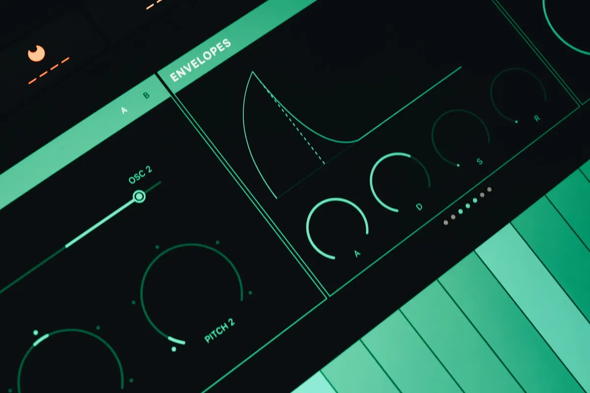 Close-up view of a synthesizer interface showing envelopes and oscillators.
