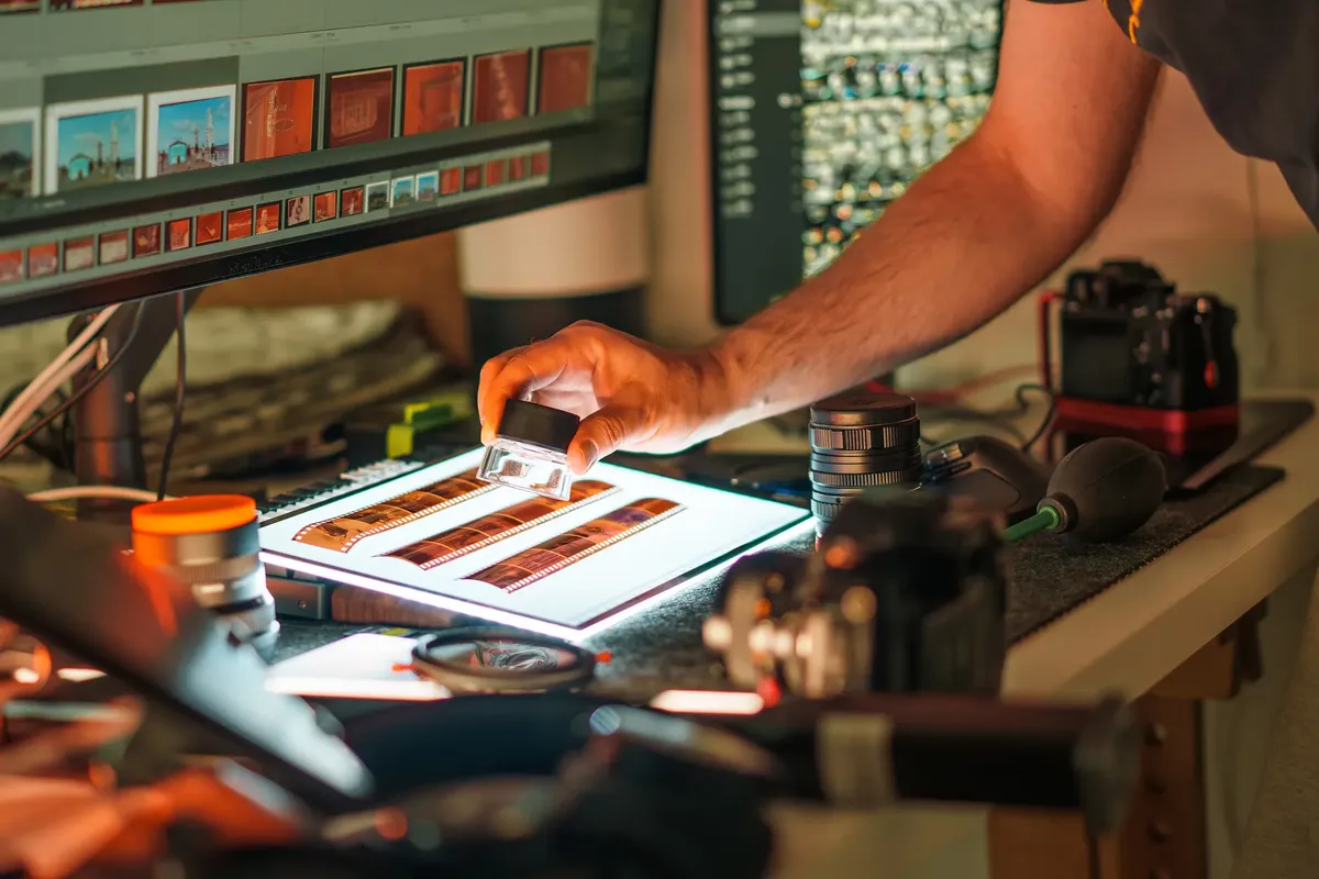 A photographer examines film negatives on a light table, surrounded by cameras, lenses, and editing equipment.