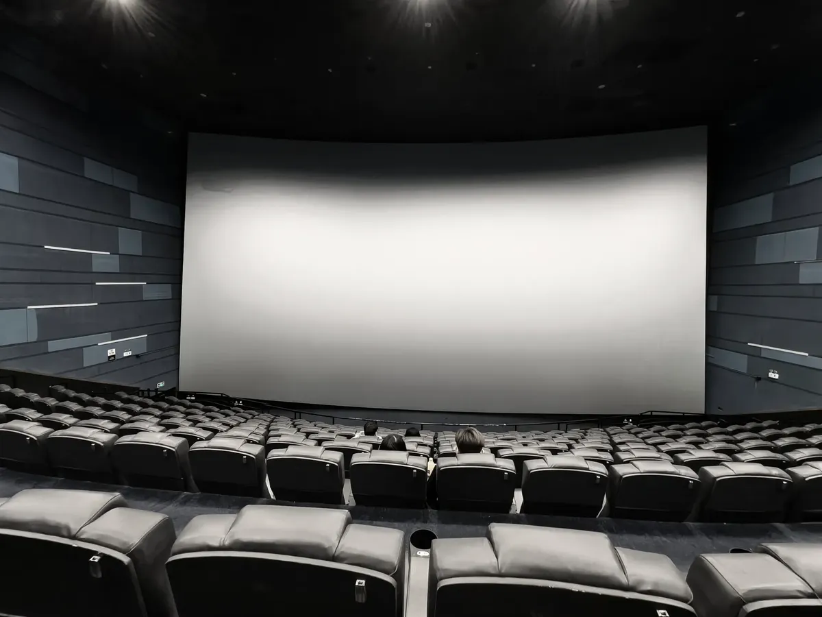 広い空き movie theater に数人の観客が座り、大きな空のスクリーンが見える。