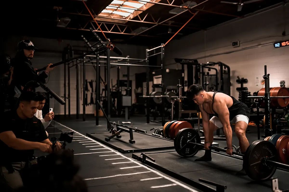 Muscular man performs deadlift in a gym with film crew documenting, showcasing strength and focus.