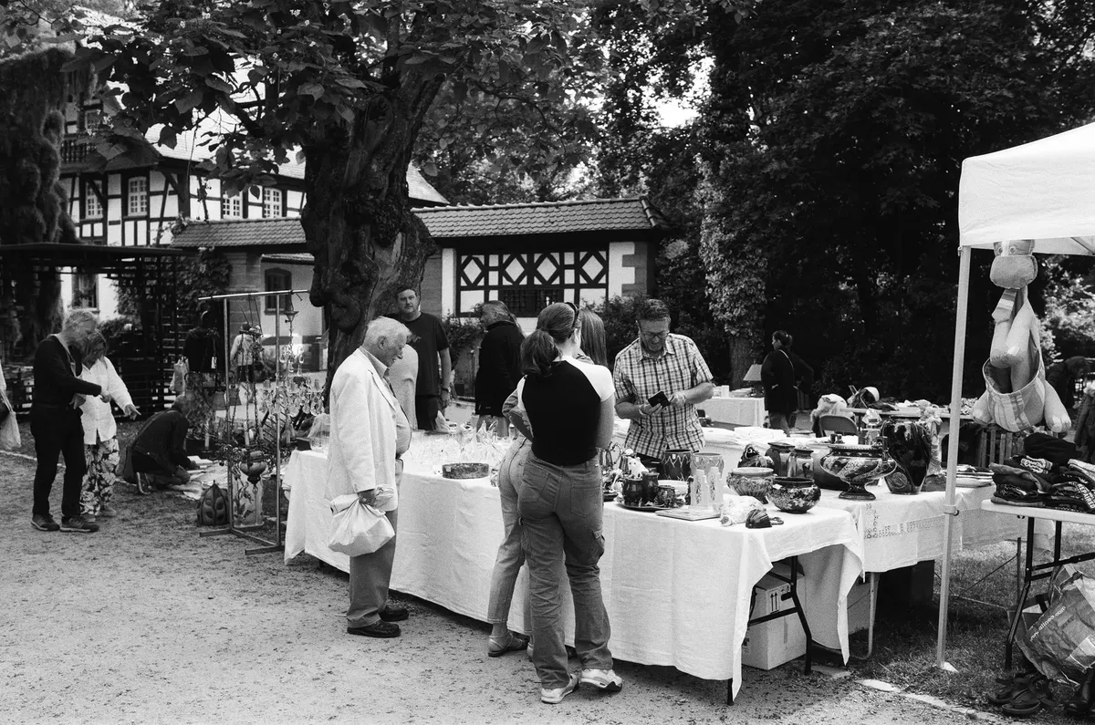 Bustling street market scene in Nancy, France with people exploring stalls.