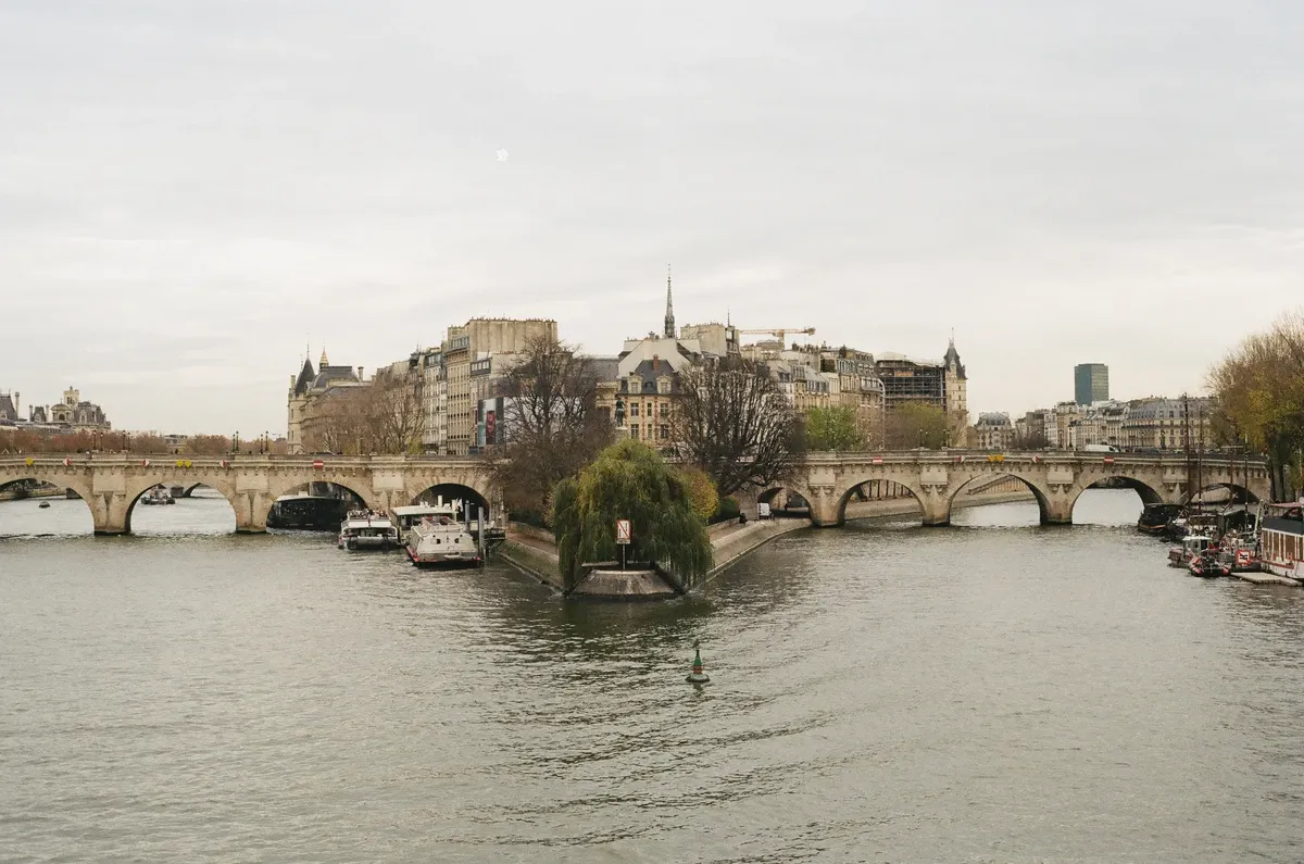 Scenic view of Pont Neuf and Seine River, showcasing historic Paris architecture during a cloudy day.