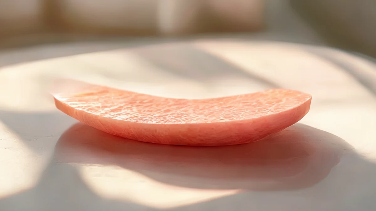 Ein einzelner, gekrümmter, leuchtend rosa, faseriger Wedel mit einer geschichteten, unregelmäßigen Oberfläche, auf einem weißen Tisch unter warmem Seitenlicht, flache Schärfe, photorealistisch, scharfe Schärfe, hohe Details