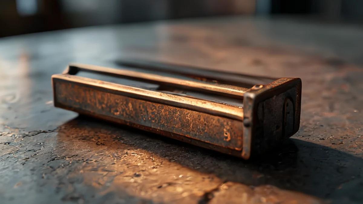 Soporte de lente de cine, metal, afilado, bordes oxidados, sobre una mesa de concreto, luz lateral cálida, profundidad de campo superficial, fotorealista, enfoque afilado, detalles altos