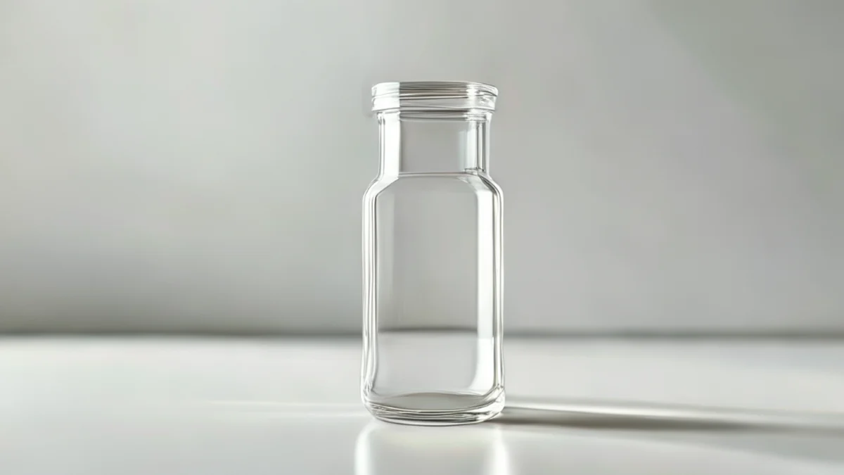 Una única fial de vidrio, centrada, transparente, cilíndrica, lisa, sobre una mesa blanca, bajo luz de softbox, baja profundidad de campo