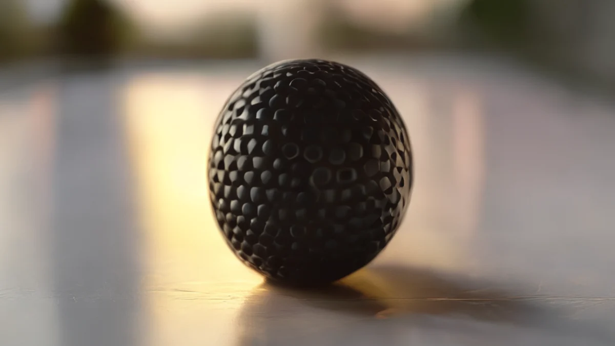 Palla da gioco, gomma nera liscia, superficie irregolare, tavolo bianco, ora dorata, campo di profondità sottile, dettagli fotorealistici