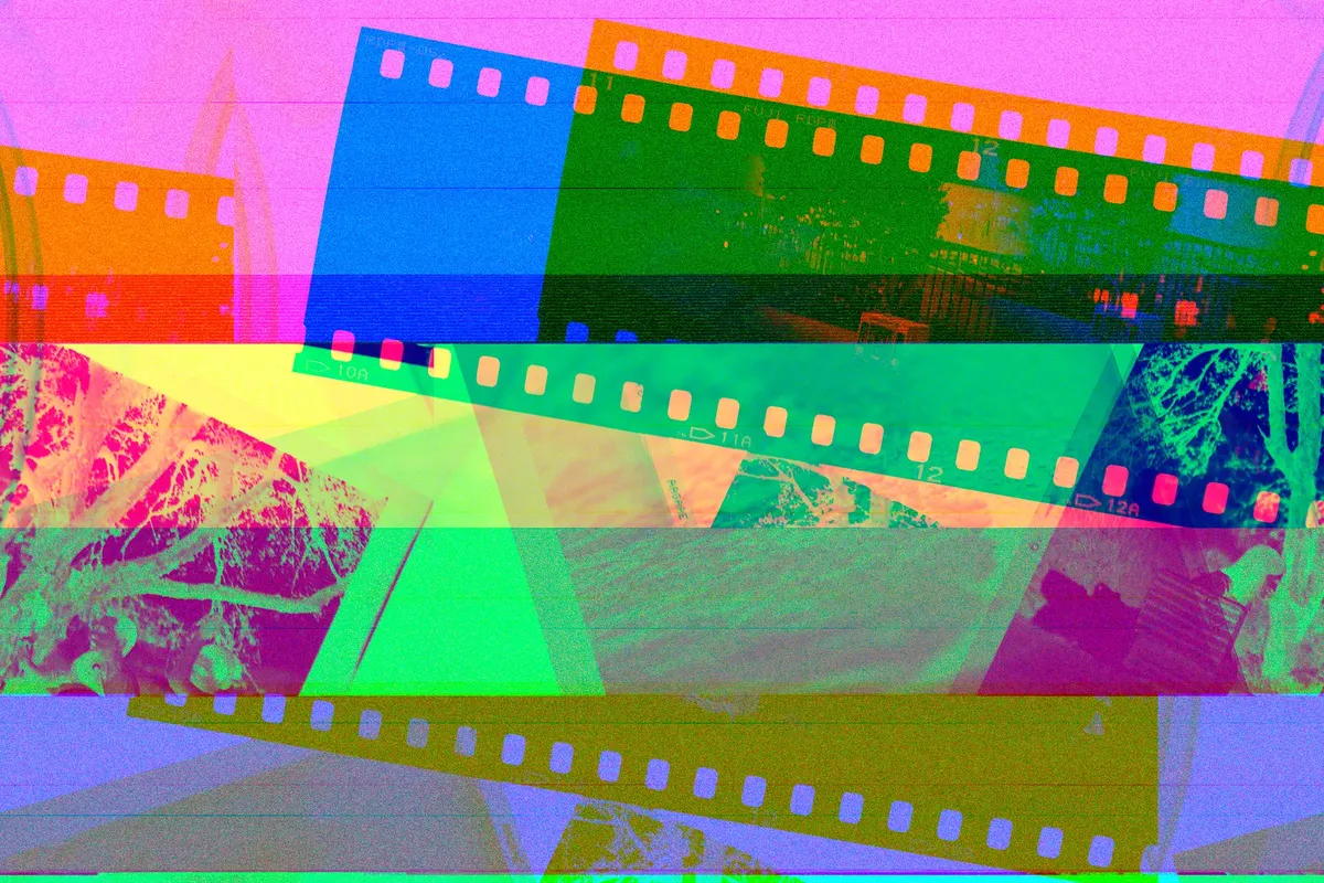 Vibrant display of overlapping photographic film rolls in abstract colors.
